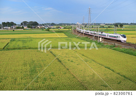 田んぼの広がる田園風景を走る常磐線E657系特急電車 82300761