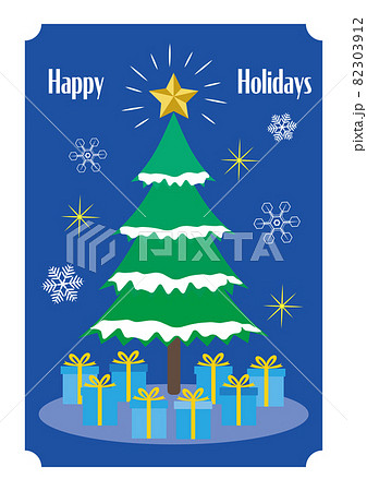 青いギフトボックスとクリスマスツリー Happy Holidays グリーティングカード 82303912
