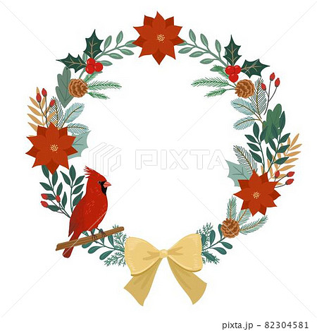 Christmas wreath text space with red birds - Stock Illustration