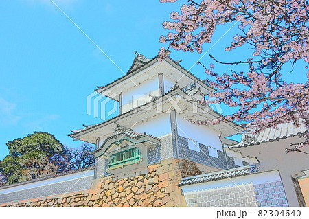 金沢城公園 石川門 春 桜のイラスト素材