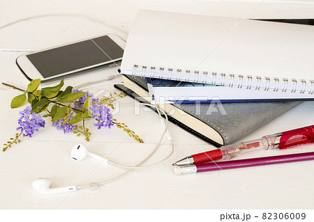 notebook planner, mobile phone for business work arrangement flat lay style 82306009