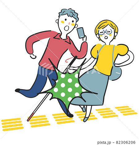 点字ブロックの上で視覚障碍者の女性とぶつかる歩きスマホの男性 イラスト素材のイラスト素材 3066