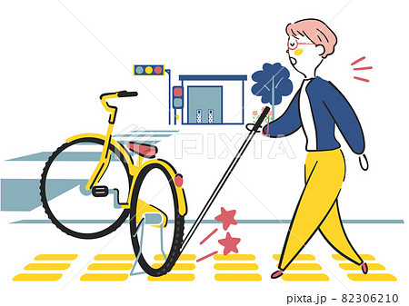 点字ブロックの上の自転車が障害になって歩けない白杖を持った視覚障碍者の女性 イラスト素材 のイラスト素材