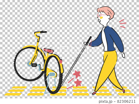 A visually impaired woman with a white cane who cannot walk because the bicycle on the Braille block is an obstacle Illustration material 82306211