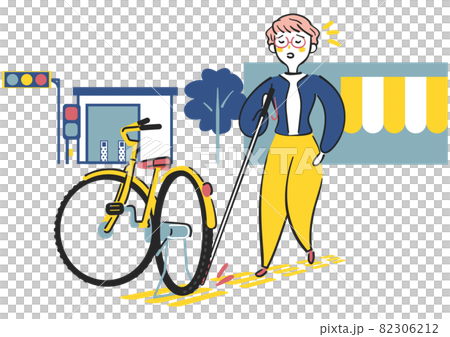 点字ブロックの上の自転車が障害になって歩けない白杖を持った視覚障碍者の女性　イラスト素材			 82306212
