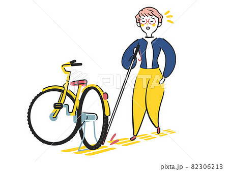 点字ブロックの上の自転車が障害になって歩けない白杖を持った視覚障碍者の女性 イラスト素材 のイラスト素材