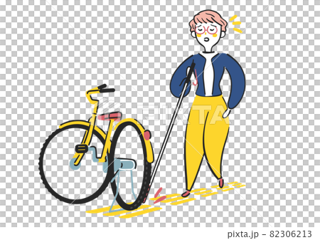 点字ブロックの上の自転車が障害になって歩けない白杖を持った視覚障碍者の女性　イラスト素材			 82306213