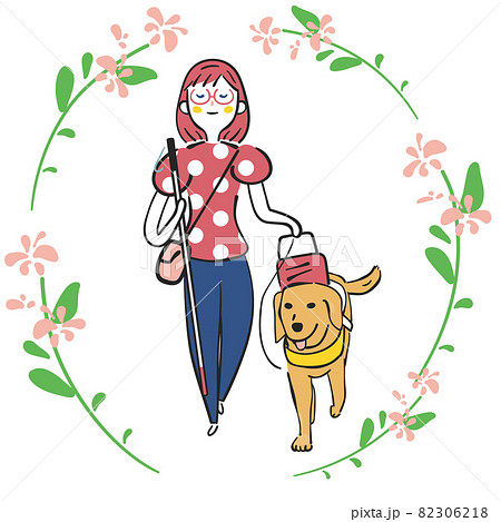 盲導犬と共に歩く白杖を持った視覚障碍者の女性　イラスト素材	 82306218