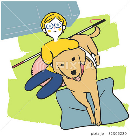 盲導犬を優しく抱く視覚障碍者の女性　イラスト		 82306220