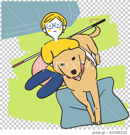 盲導犬を優しく抱く視覚障碍者の女性　イラスト		 82306220