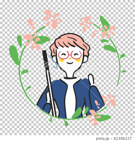 笑顔で白杖を持つ人を花で彩ったイラスト イラスト素材 のイラスト素材