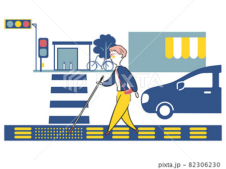 白杖を持ち駅の改札近くの横断歩道に差し掛かる点字ブロックを歩く視覚障碍者の女性 イラスト素材 のイラスト素材