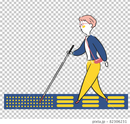 A visually impaired woman walking on a Braille block with a white cane Illustration material A visually impaired woman walking on a Braille block with a white cane Illustration material 82306231