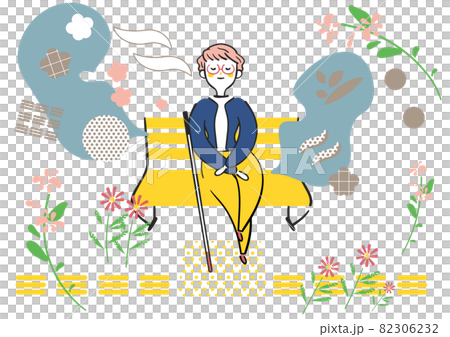 A visually impaired woman who puts a white cane on a bench and relaxes and takes a break. A visually impaired woman who puts a white cane on a bench and relaxes and takes a break. 82306232