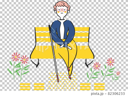 A visually impaired woman who puts a white cane on a bench and relaxes and takes a break. 82306233