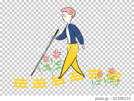 A visually impaired woman walking along the road where cosmos blooms, relying on Braille blocks Illustration material 82306235
