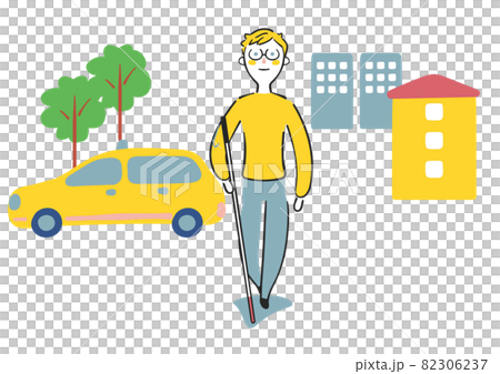 Visually impaired person walking in the city with a white cane Illustration material 82306237