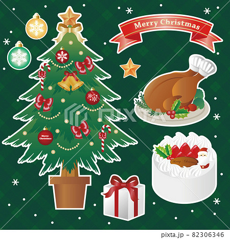 クリスマス クリスマスツリー ローストチキン 料理 ケーキ プレゼント イラスト 白フチ セットのイラスト素材