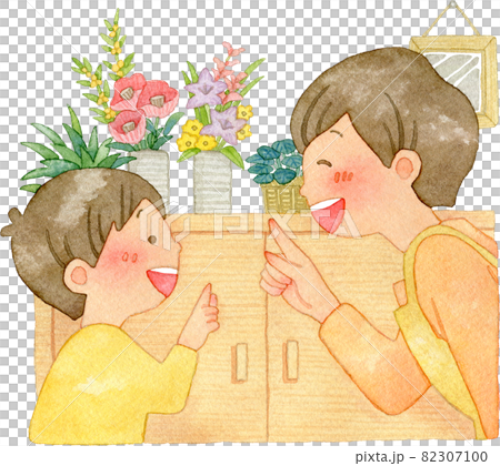 微笑的父母和孩子指著入口的水彩插圖（承諾，指著確認） 82307100