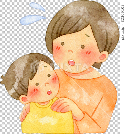 一位母親擔心她陷入困境的孩子的水彩插圖（父母和孩子之間的對話） 82309102
