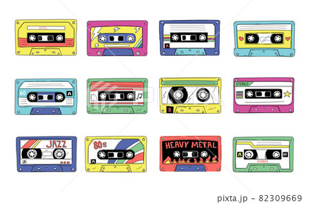 Retro cassette. 90s audio tape of rock and pop songs mix. Vintage compact stereo player. Jazz musical hits mixtape. Multimedia record equipment. Vector 80s disco style elements set 82309669