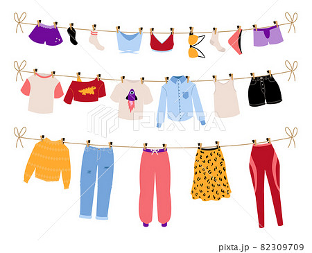 Dry clothes. Hanging clean laundry. Men and women clothing drying on sun. Casual and business outfits. Underwear and garments attached with clothespins to cord. Vector illustration Dry clothes. Hanging clean laundry. Men and women clothing drying on sun. Casual and business outfits. Underwear and garments attached with clothespins to cord. Vector illustration 82309709