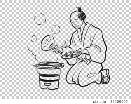 一個人用日本畫觸摸七林燒松茸和秋刀魚的插圖 82309905