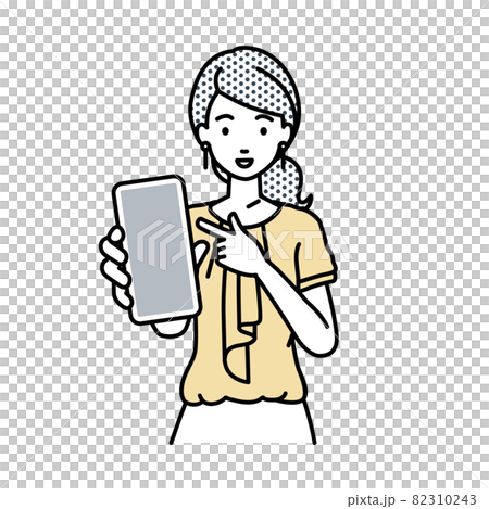立ってスマートフォンを指差してこちらに向けて見せているオフィスカジュアルの女性 82310243