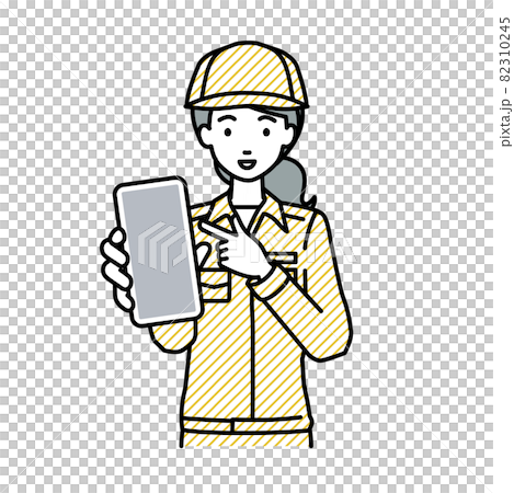立ってスマートフォンを指差してこちらに向けて見せている作業員の女性 82310245