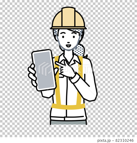 立ってスマートフォンを指差してこちらに向けて見せている工事現場の女性 82310246