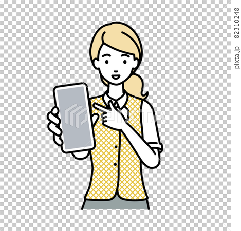 立ってスマートフォンを指差してこちらに向けて見せている事務員制服の女性 82310248