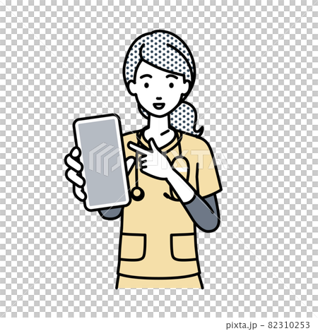 A nurse woman standing and pointing at her smartphone A nurse woman standing and pointing at her smartphone 82310253