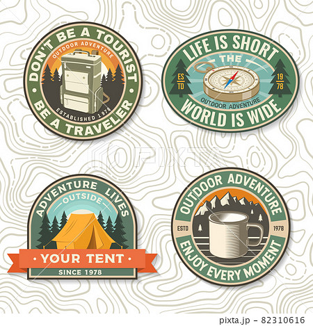 Set of patch or sticker with travel inspirational quotes. Vector. Concept for shirt or logo, print, stamp or tee. Design with retro backpack, camping tent, compass and mug silhouette Camping quote. Set of patch or sticker with travel inspirational quotes. Vector. Concept for shirt or logo, print, stamp or tee. Design with retro backpack, camping tent, compass and mug silhouette Camping quote. 82310616