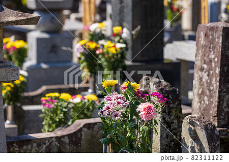 墓に手向けられた花の写真素材