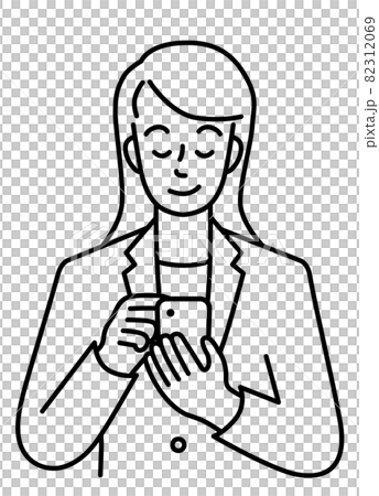 スマホを操作する、スーツを着た若い女性の上半身（線） 82312069