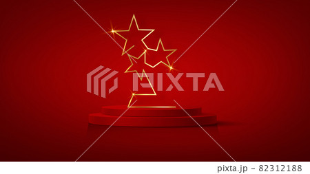 3D winner podium, red carpet party gold stars award concept. Banner Hollywood golden stars prize silhouette statue icon. Films and cinema symbol stock, Academy award vector isolated on red background 82312188