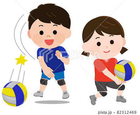 バレーボールをする男の子と女の子 イラストのイラスト素材