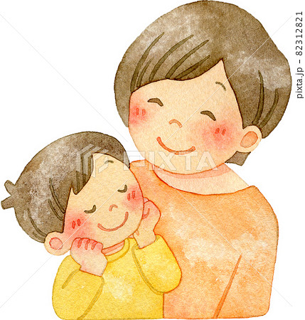 楽しいことをイメージする男の子と笑顔の母親の水彩イラスト(親子の