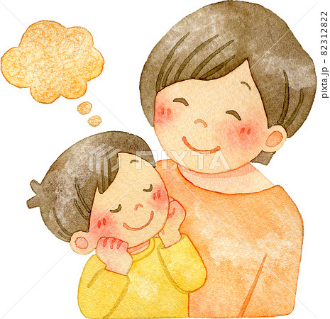 楽しいことをイメージする男の子と笑顔の母親の水彩イラスト(親子の