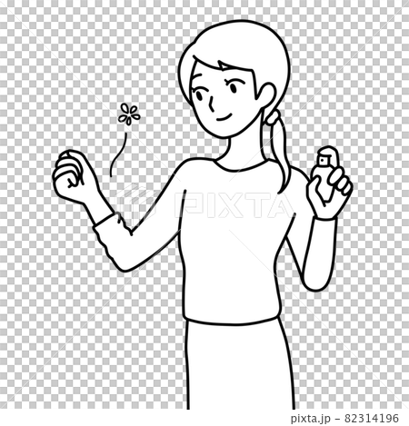 香水をふきかけた手首から香りがのぼっている女性の冬の姿(線画) 香水をふきかけた手首から香りがのぼっている女性の冬の姿(線画) 82314196