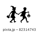 black silhouettes children in halloween witch costumes hold hands and go to the party  82314743