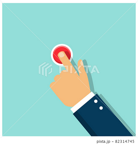 Man hand in suit presses the red button courage and determination  82314745