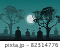 On Halloween Night, there are stone graves in the cemetery and the full moon is shining  82314776