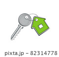 metal silver key with a keychain in the form of a green house on a white background  82314778