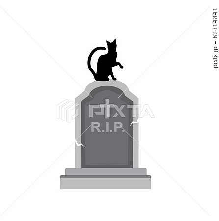 black silhouette The cat sits on a stone old grave on a white background. Halloween picture  82314841