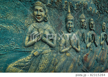 Elaborate wall decoration showing Buddhism Virtues in Sampov Pram Pagoda atop Preah Monivong National Park in Kampot, Cambodia 82315264