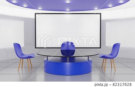 white table on stand with blue light background in a news studio room.3d rendering. white table on stand with blue light background in a news studio room.3d rendering. 82317628
