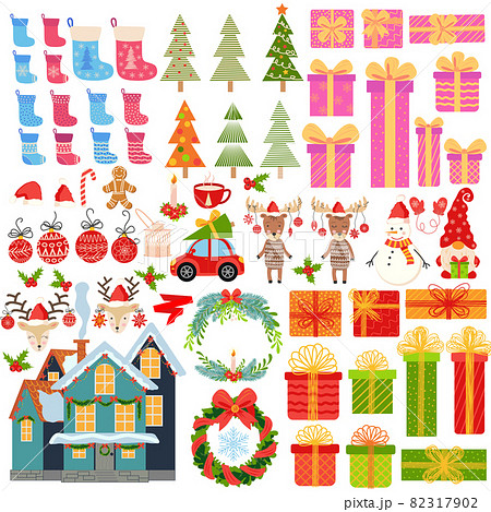 Big set of Christmas elements hand drawn. Gifts, stockings, Christmas trees, gnomes, candies, mistletoe, wreaths and other symbols of the New Year and Christmas Big set of Christmas elements hand drawn. Gifts, stockings, Christmas trees, gnomes, candies, mistletoe, wreaths and other symbols of the New Year and Christmas 82317902