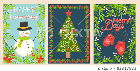 SET of three Christmas and Happy New Year templates. Trendy retro design template. 82317923
