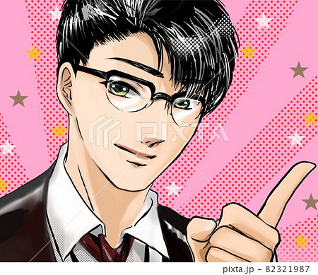 漫画イケメンメガネ会社員指差し笑顔でアドバイス 82321987